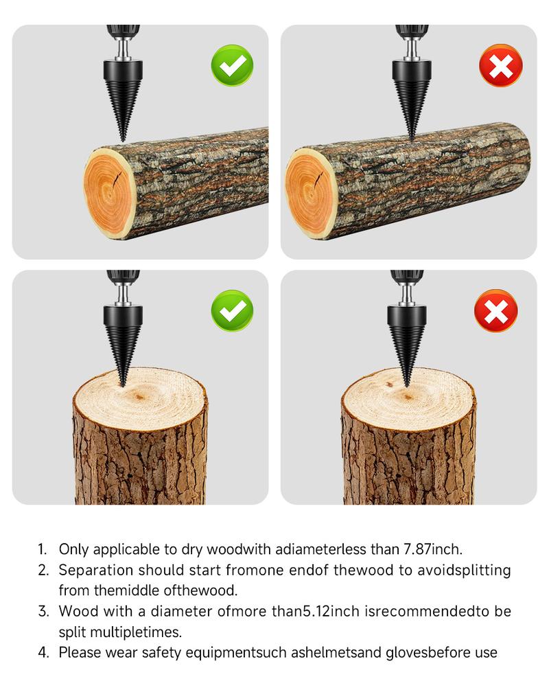 Firewood Log Splitter Drill Bit Set – Heavy-Duty Carbon Steel Wood Splitting Cone with Round/Hex/Square Shank – Safe, Efficient, and Easy to Use for Fireplace, Camping, Home Heating, and Outdoor Wood Cutting