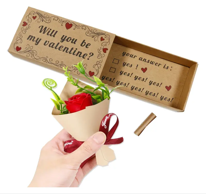 Will You Be My Valentine Card – Handmade Matchbox Gift with Mini Rose Gift, Cute Romantic Surprise for Her or Him, Perfect for Anniversary, Valentine’s Day & Couples
