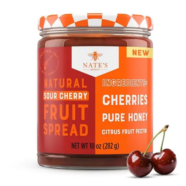 Nate's Honey Fruit Spread, All-Natural Sour Cherry - Made with Real Cherries & No Refined Sugar - Sweetened with 100% Pure Honey - 10 oz Jar - Easy-to-Spread - Gluten-Free