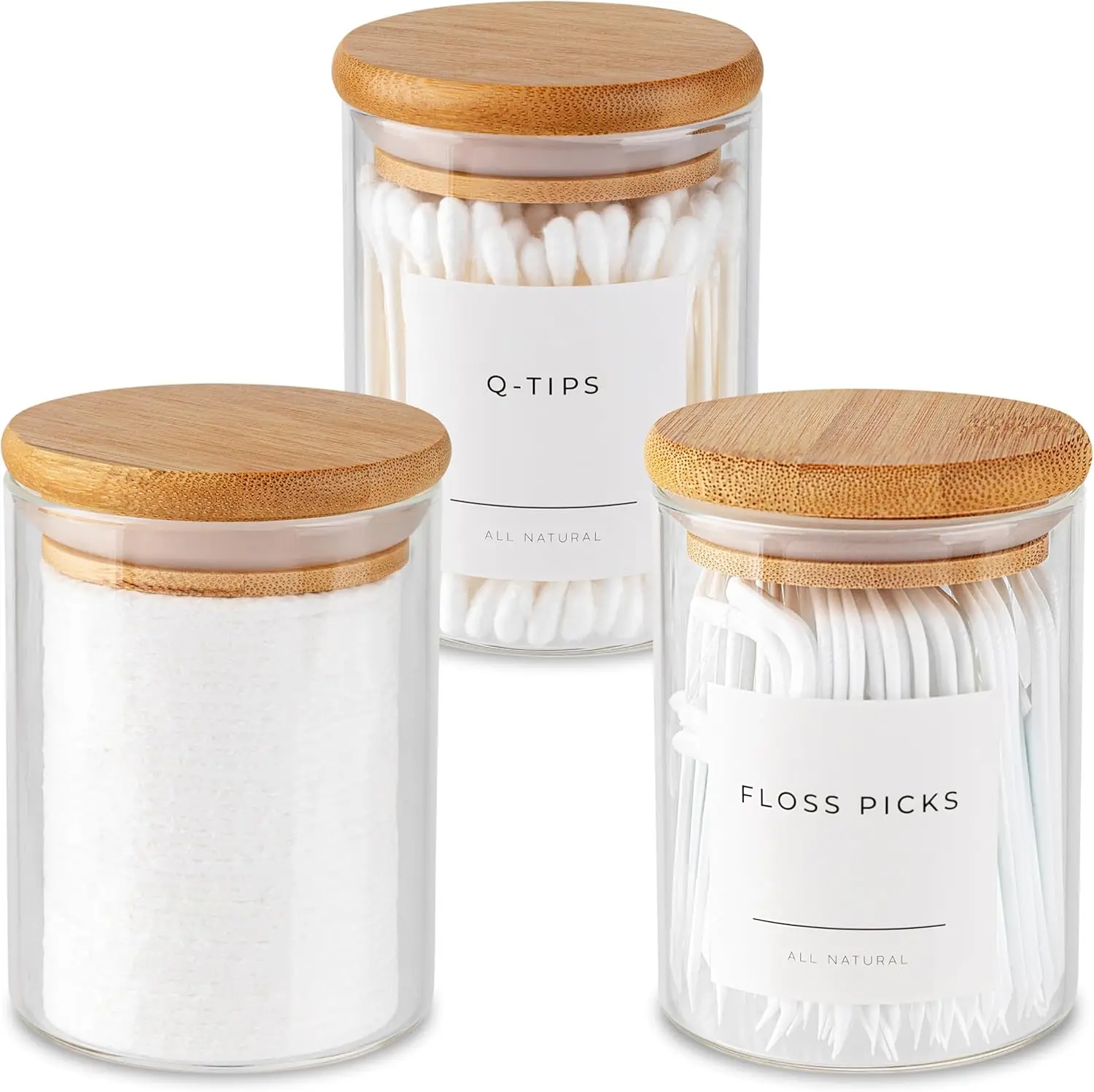 10 oz Clear Round Glass Apothecary Jars with Bamboo Lids, Set of 3 Home Organizer Canisters, Small Bathroom & Kitchen Storage Containers for Cotton Balls, Pads, Swabs, Canister