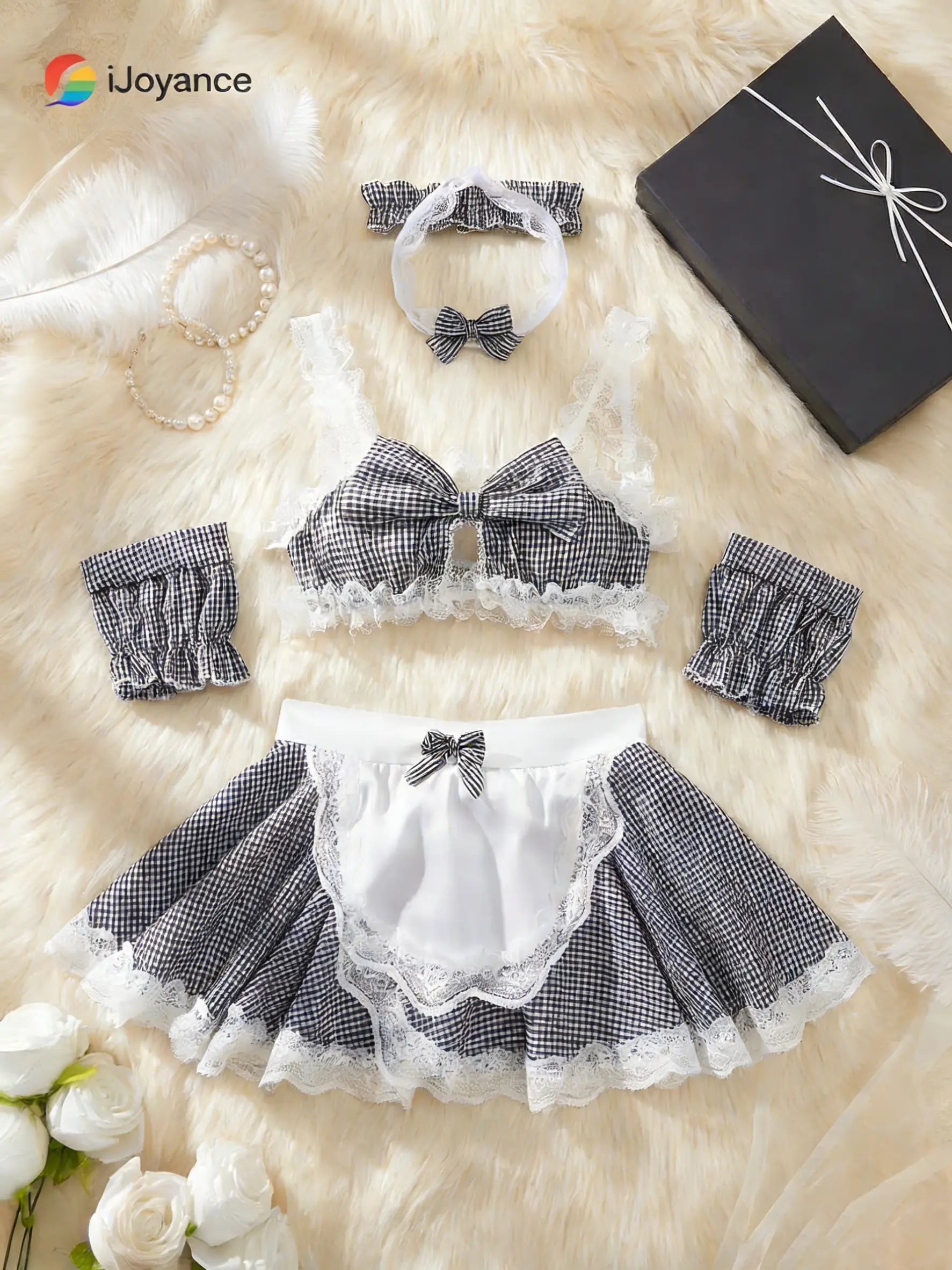 Women's 2-Piece Checkered Fabric Cami & Skirt Pajama Dress Set - Gingham Print, Lace Bow Detail, Matching Cosplay Lingerie