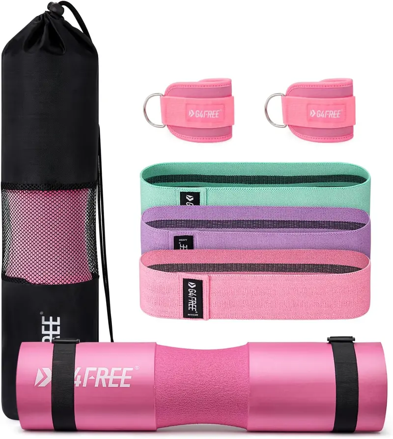 2/8/9Pcs Barbell Pad Set,Hip Thrust Pad, Squat Pad,Gym Accessories for Women with Bar Pad for Hip Thrust,Lifting Wrist Straps,Ankle Straps for Cable Machines Women,Resistance Bands,Carry Bag 8Pcs Pink