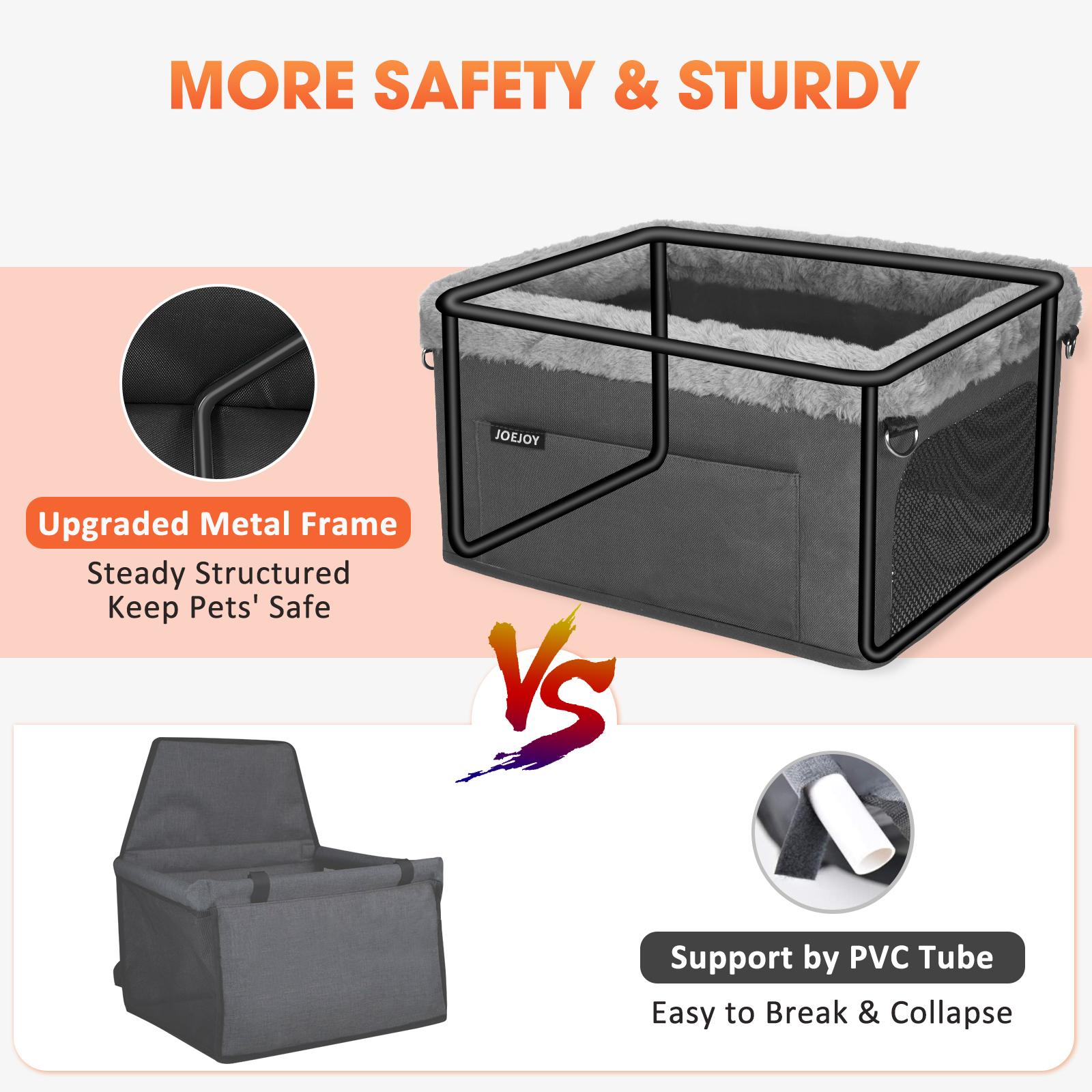 Premium Small Dog Car Booster Seat - Stable Metal Frame, Safety Tether for Pets Up to 20 lbs, Portable, Plush Machine-Wash Fabric Cushion, Solid Durability, Storage Pockets, S, Adjustable Safety Leash