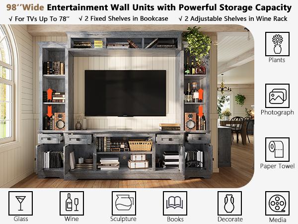 【Ships in 2 Boxes】AMERLIFE Farmhouse 98" Wall Unit TV Stand with Storage Cabinets for TVs up to 78", Large Entertainment Center with Bookshelves & Power Outlets, Wine Display Cabinet with Barn Door, Living Room