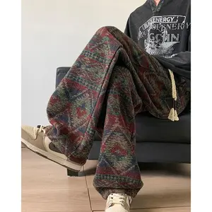 American Retro Distressed Straight-Leg Pants Unisex Ethnic Jacquard Wide-Leg Trousers Men's Autumn Knitted Sweatpants Navy Blue Menswear