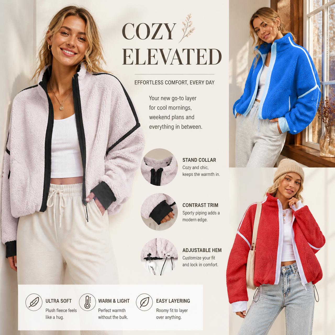 Construction detail of Women's Fleece Jacket with a classic collar
