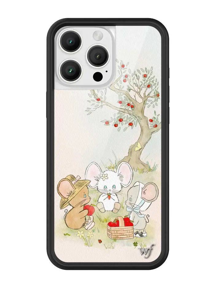 Mice Friends | Limited Edition Trendy iPhone Case | Raised Protective Black Bumper | Women Owned Small Business | Pastel Background Cute Apple Tree Brown Grey White Mice Cute Apple Basket | Safety Casing Protective | Gift for Her