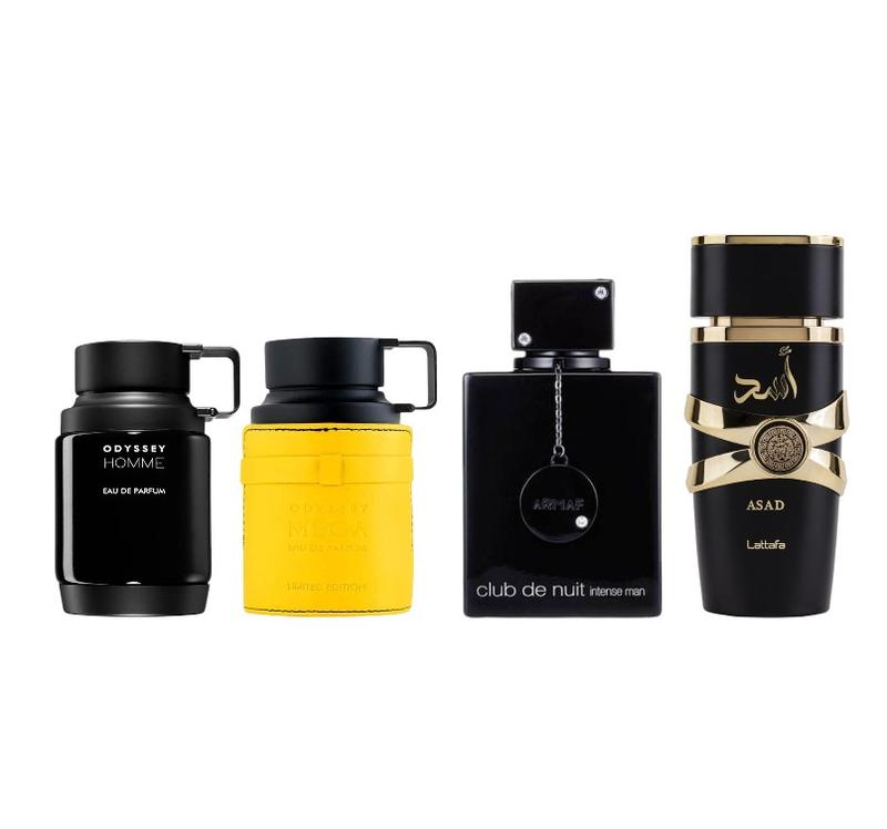 Lattafa & Armaf Perfumes | Odyssey Homme & Mega + Club de Nuit + Asad Bundle | 3.4 oz Per Bottle | Men's Fragrances