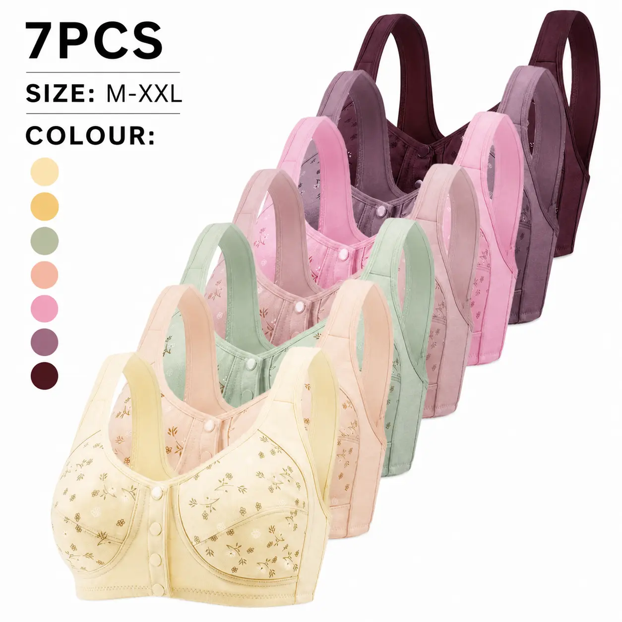 Women's 7-Pack Front Closure Wireless Lace Bralettes - Lady's Ultra-Soft Polyester Light Support Bras for Yoga, Sleep, Christmas, Valentines Day, Chinese New Year, Family Breathable Homewear (M-XXL), Snap Closure, Crew Neck