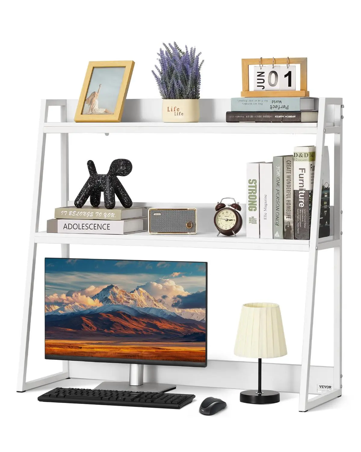 【Summerfinds】VEVOR 2-Tier Particleboard Desktop Bookshelf Hutch, 37.4"x12.6"x35.4" Office Desk Storage Organizer Rack, 66 lbs Capacity, Anti-Slip Feet Pads, for Home & Dorm Desk Setup Aesthetic & Minimalist Decluttering Magazine Rack, White, Quick Setup