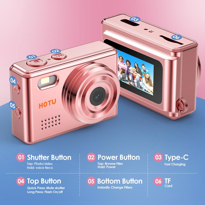 【Valentine's Day gift】HOTU Mini Keychain Digital Camera – Y2K Pocket-Size Camera 1080P HD with 1MP Lens, Flash & 0.96" Screen, 32G Card & Charging Cable Included, Retro Vlog Camera for Travel, Concerts, Kids & Instant Party, Sparkling Rose Gold