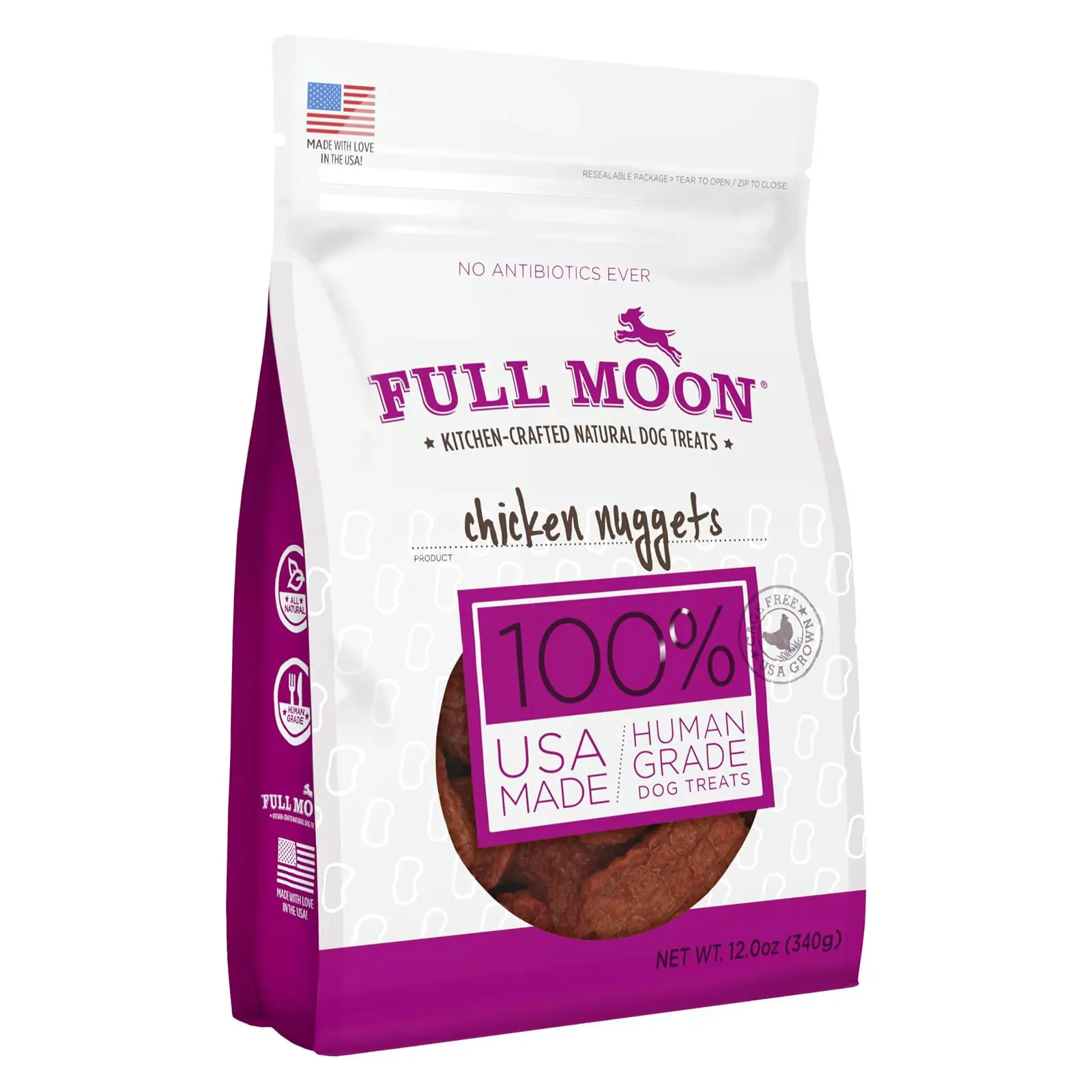 Full Moon Chicken Nuggets Dog Treats 12 oz Human Grade, No corn, No wheat, No soy, Glycerin Free, Made in the USA