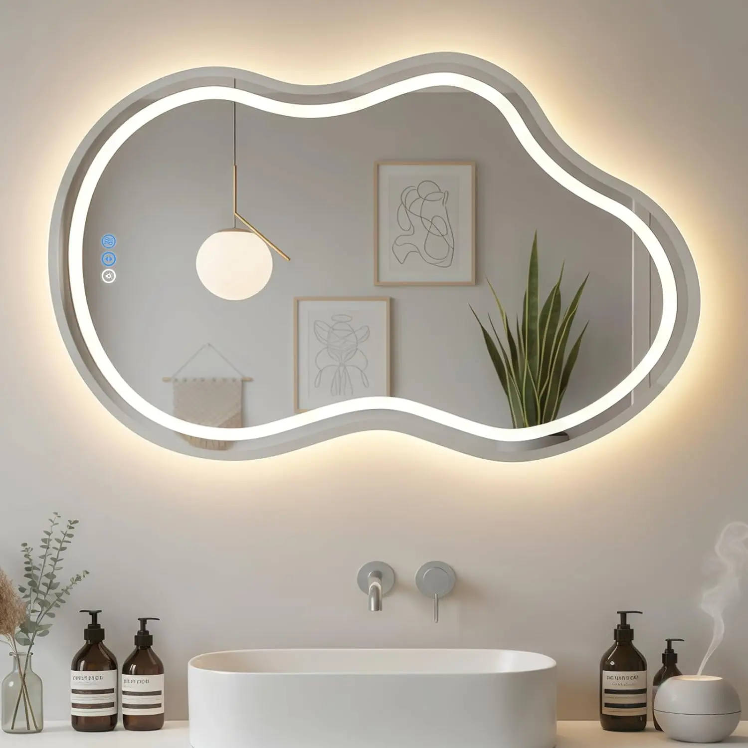 Irregular Wall Mirror 24 x 36 Inch, Lighted Mirrors for Bathroom Wall, Asymmetrical LED Mirror for Bathroom with Anit-Fog, Dimmable, Memory Function (Horizontal/Vertical) Aluminium Water Proof