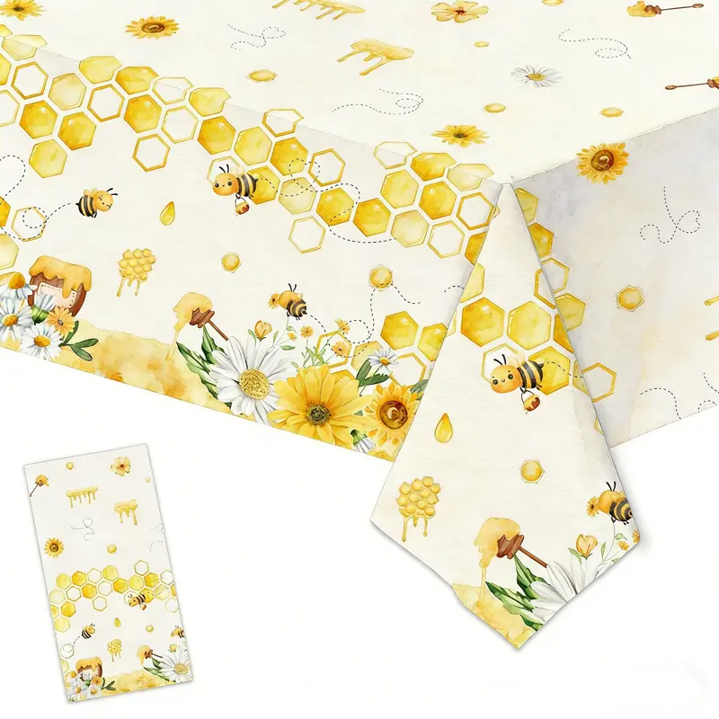 Shabby Chic Printed Rectangle Tablecloth (1pc/3pc Bumble Bee Theme, 137*274cm/54*108inch) for Baby Shower & Birthday Party Decorations, Home Festive Supplies