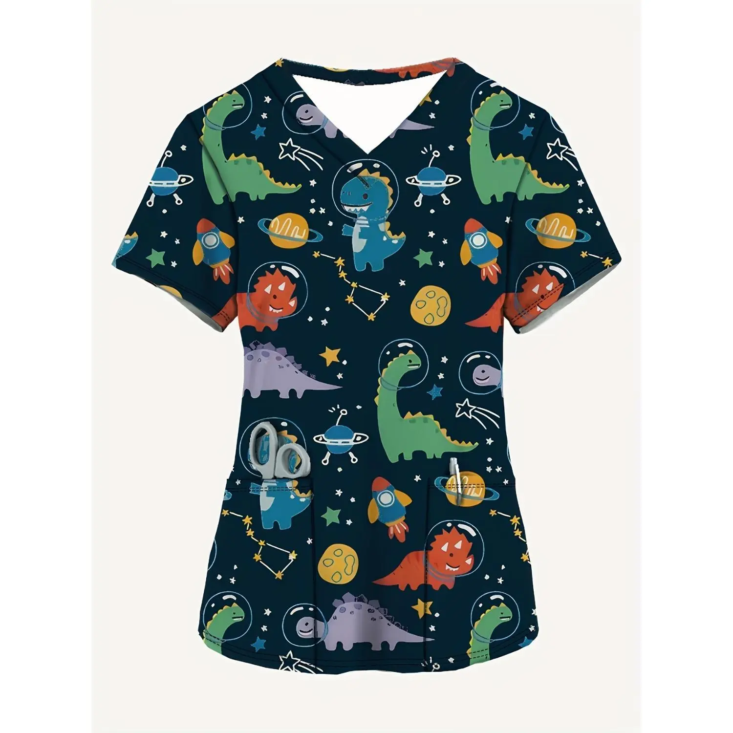 Dinosaur Print Women's V-Neck Short Sleeve Scrub Uniform - Cute Nurse Healthcare Attire with Pockets, Machine Washable for Spring/Summer