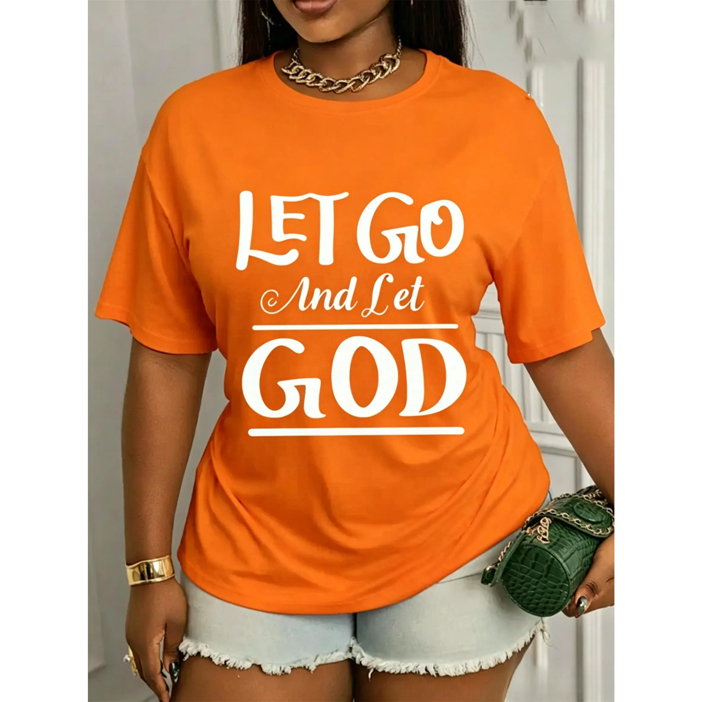 Women's Christian Style Pure Cotton Apparel T-Shirt - Short Sleeves, Round Neck, Asymmetrical, Smooth, Digital Printed "Let Go And Let God" Graphic, True Size, All-Seasons Religious Casual Top, Do Not Bleach