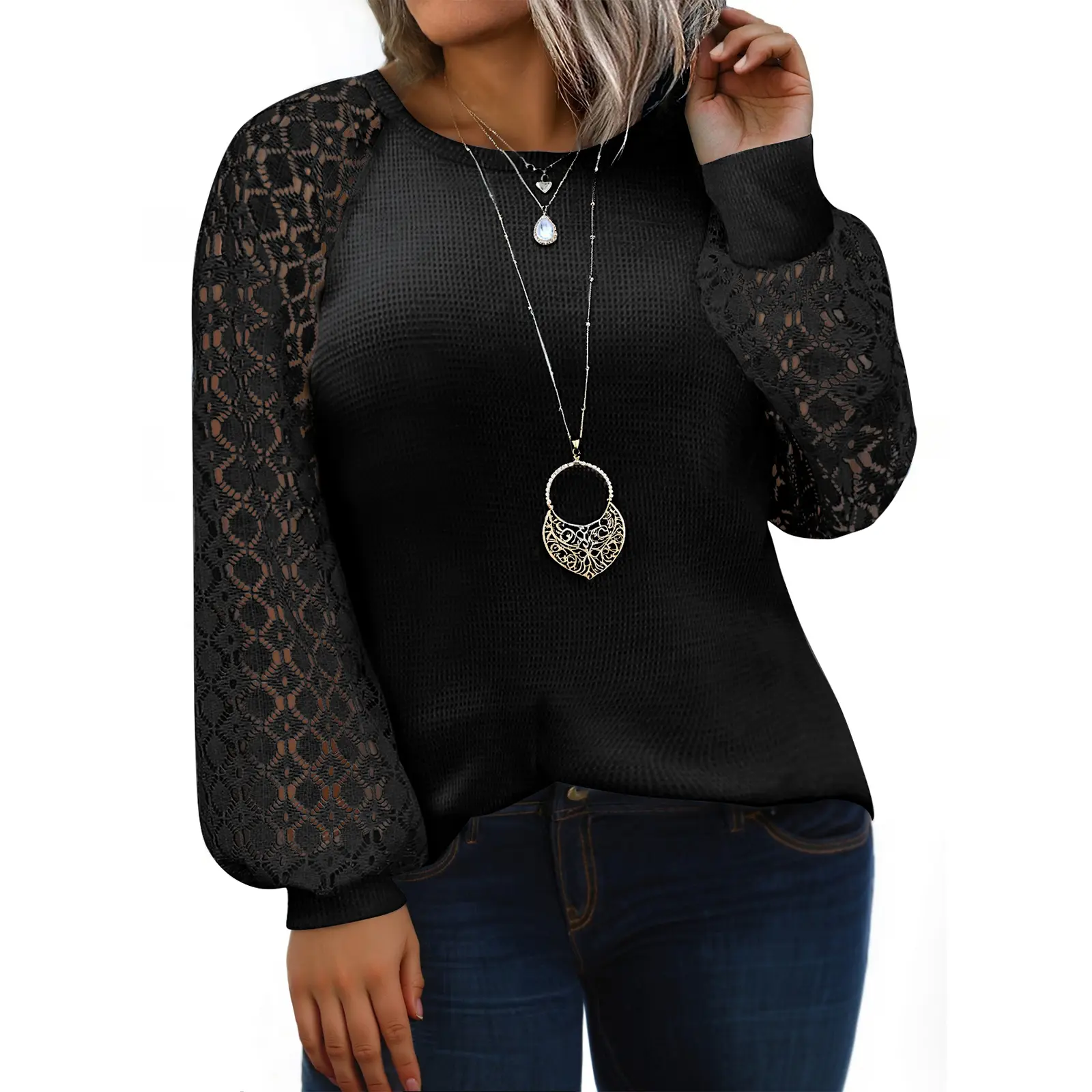 Eytino Plus Size Tops for Women Lace Long Sleeve Crew Neck Waffle Knit Business Work Dressy Shirts(1X-5X)