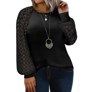 Eytino Plus Size Tops for Women Lace Long Sleeve Crew Neck Waffle Knit Business Work Dressy Shirts(1X-5X)