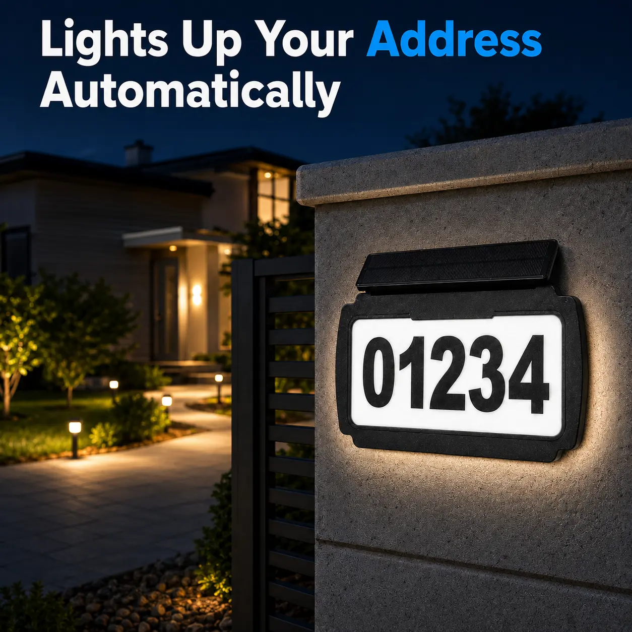 Solar Address Sign Light - Wall-Mounted LED House Number Plaque with 3 Light Colors, Water Resistant Solar-Powered Batteries-Operated Plaque for Outdoors, Fences, House lamp