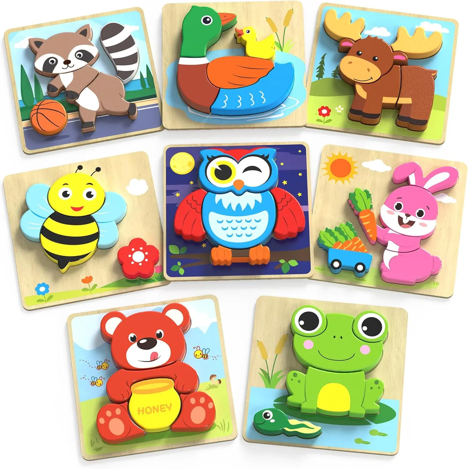 BenBen Wooden Puzzles for Toddlers 1-3, 8 Pack Animal Puzzles for Toddlers 2-4, Montessori Toys for 1 2 3 Year Old Boys Girls, Learning Educational Preschool Toys