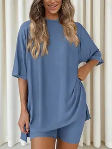 Crewneck Two-Piece Set For Women Summer Casual Oversized Split Hem Shirts & Side Pocket Biker Shorts Minimalist Lounge Wear Soft  Fabric Comfy Homewear Cozy pajamas