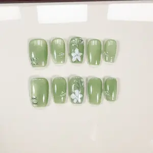 C21-C33 Handmade Press On False Nails Coffin Almond Square Hand Drawn Stick on Nails White French Tip Acrylic Dipping Powder