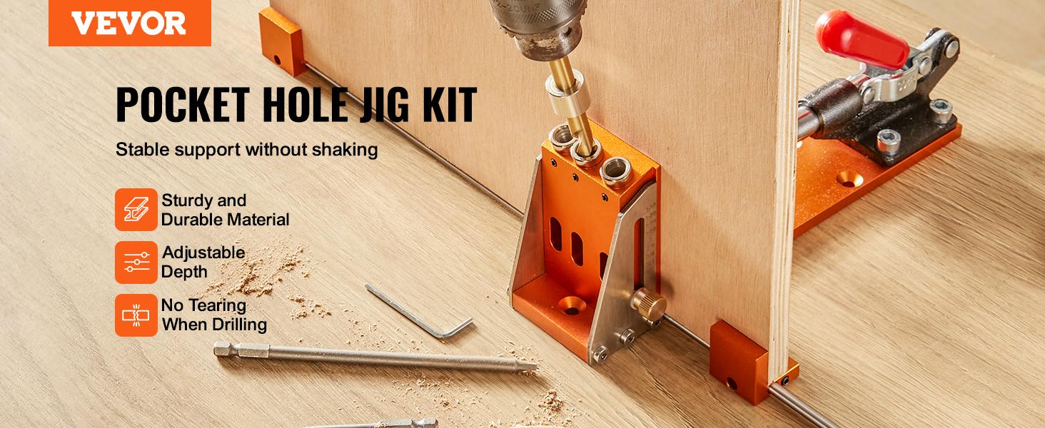 VEVOR Pocket Hole Jig Kit, Various specifications, Pocket Hole Jig System with C-clamp,  Fixture, Step Drills, Wrenches, Drill Stop Rings, Square Drive Bits, Toolbox, Adjustable, for DIY Carpentry Projects