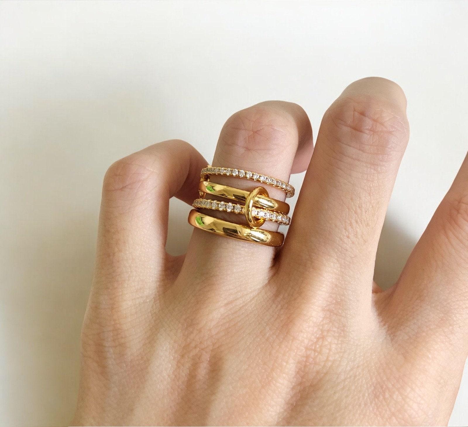 Tewiky Gold  Interlocked Stackable Rings for Women - Statement Multi Ring Mixed Metals Stack - Cubic Zirconia Two-Toned Stacking Jewelry