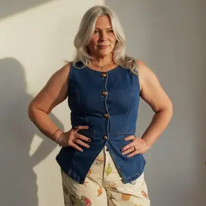 Westwood Structured Vest - Sleeveless Denim with Contoured Princess Seams & Metallic Dome Buttons for Flattering Fit