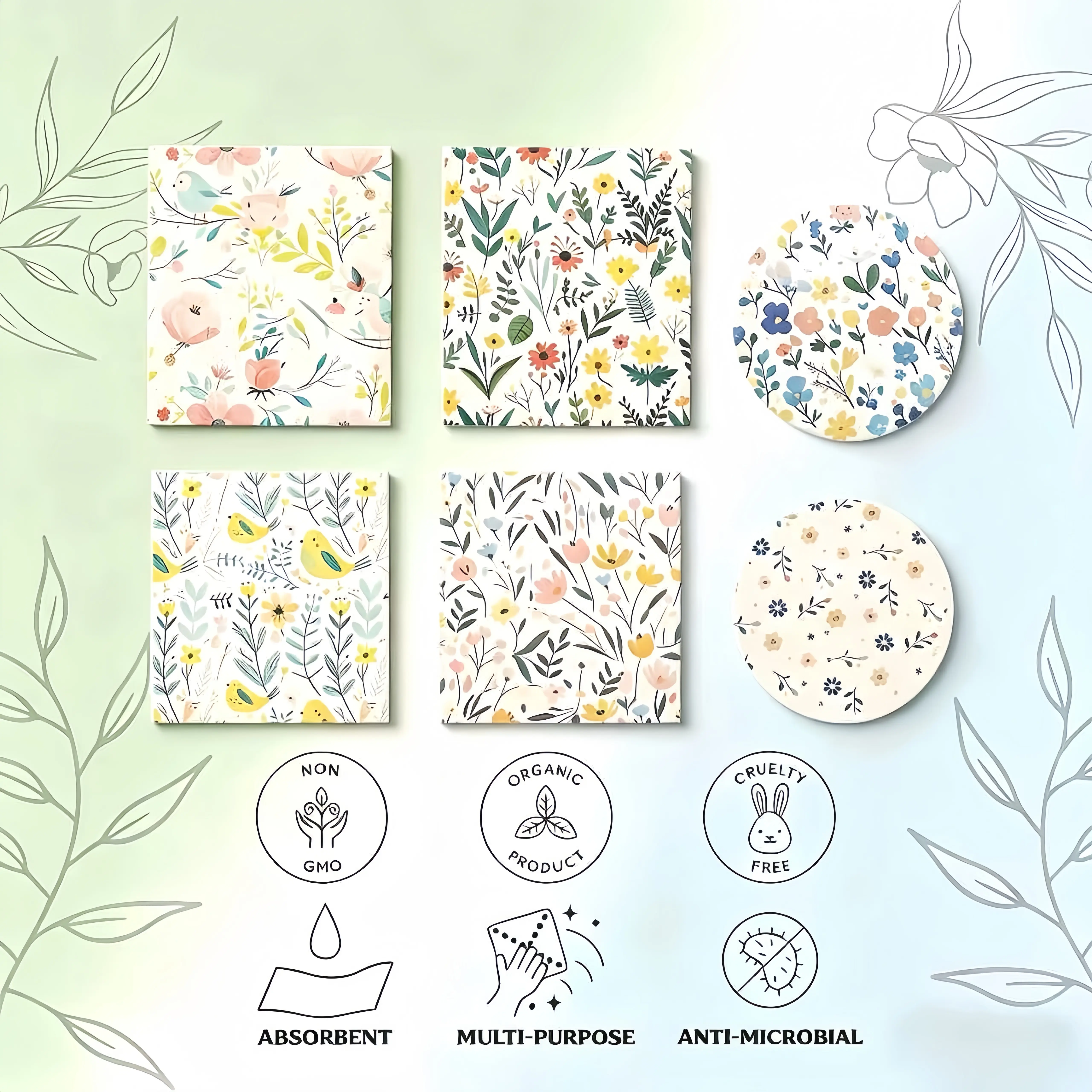 6-Piece Swedish Absorbent Kitchen Towels Set - Machine Washable, Durable Non-Woven Wood Pulp Antimicrobial Multifunctional Wipes, Cruelty-Free Floral Bird Design for Daily Kitchen Household Drying & Care Supplies