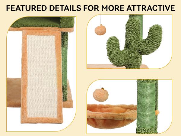 Yitahome Tall Cactus Cat Tree Tower with Self-Grooming Brush, Cute Cat Climbing Tower for Indoor Cats with Cat Condo, Top Perch, Basktet, Sisal Scratching Posts and Board,Toy Balls