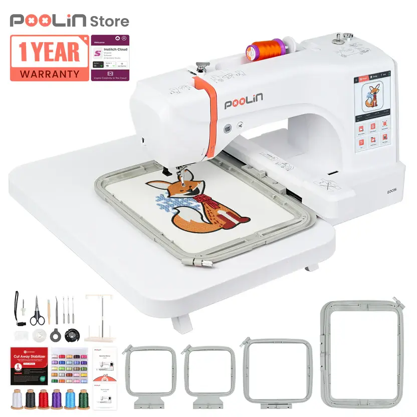 PooLin EOC06 Computerized Automatic Embroidery Machine - 7.9in*11in, High Speed, Touchscreen UI, Personalization Feature, 200+ Built-in Designs, USB, WiFi, Metal Frame, Single Unit for Home Business (Textiles & Soft Furnishings Sewing Supplies), Beginner-