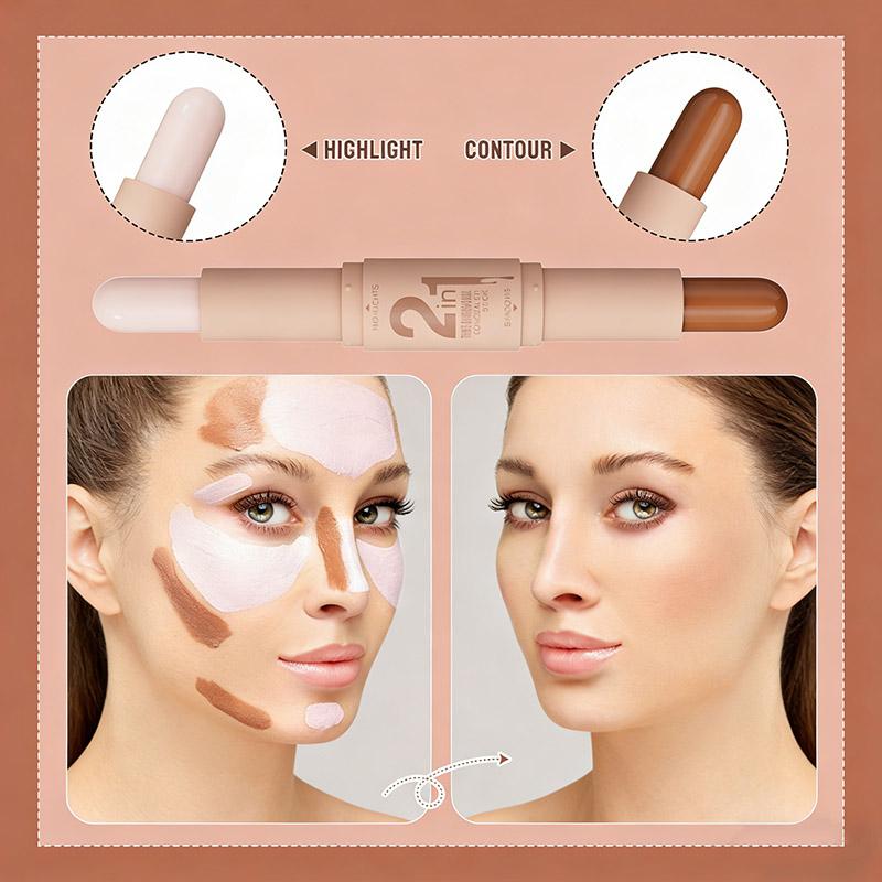 2-IN-1 Dual-End Highlight & Contour Stick, Three-Dimensional Shaping, Easy to Use & Portable, Brightens & Defines, Waterproof & Easy to Remove, Long-lasting, Smooth Creamy Blendable Formula, Natural Buildable Coverage, For All Skin Types