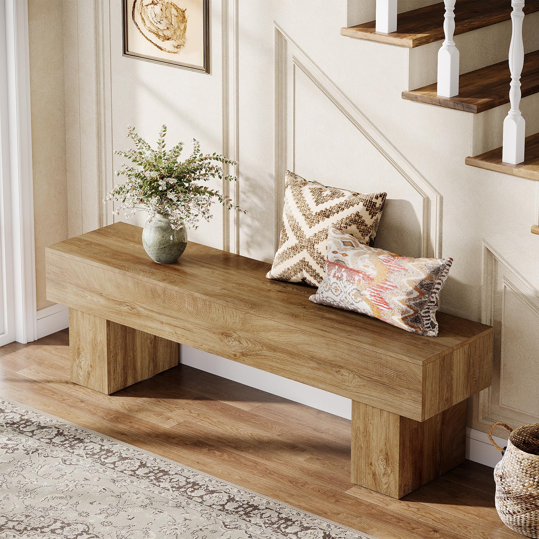 LITTLE TREE 63“ Extra Long Dining Bench, Farmhouse Wooden Entryway Bench, Indoor End of Bed Bench for Bedroom, Living Room, Dining Room, Hallway, Light Brown