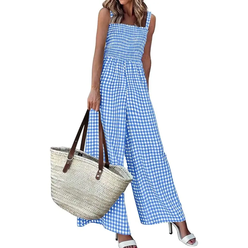 PrettyGarden Plaid One Piece Jumpsuits for Women Casual Summer Cruise Outfits Spring Fashion Smocked Wide Leg Gingham Rompers#Summervibes