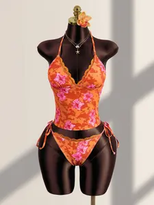 Zestiva Women's Summer Vacation Casual Beach Wear Tropical Floral Print Strapless Bandeau Tie Back Camisole Strap Bikini Lace Trim 2-Piece Swimsuit Set