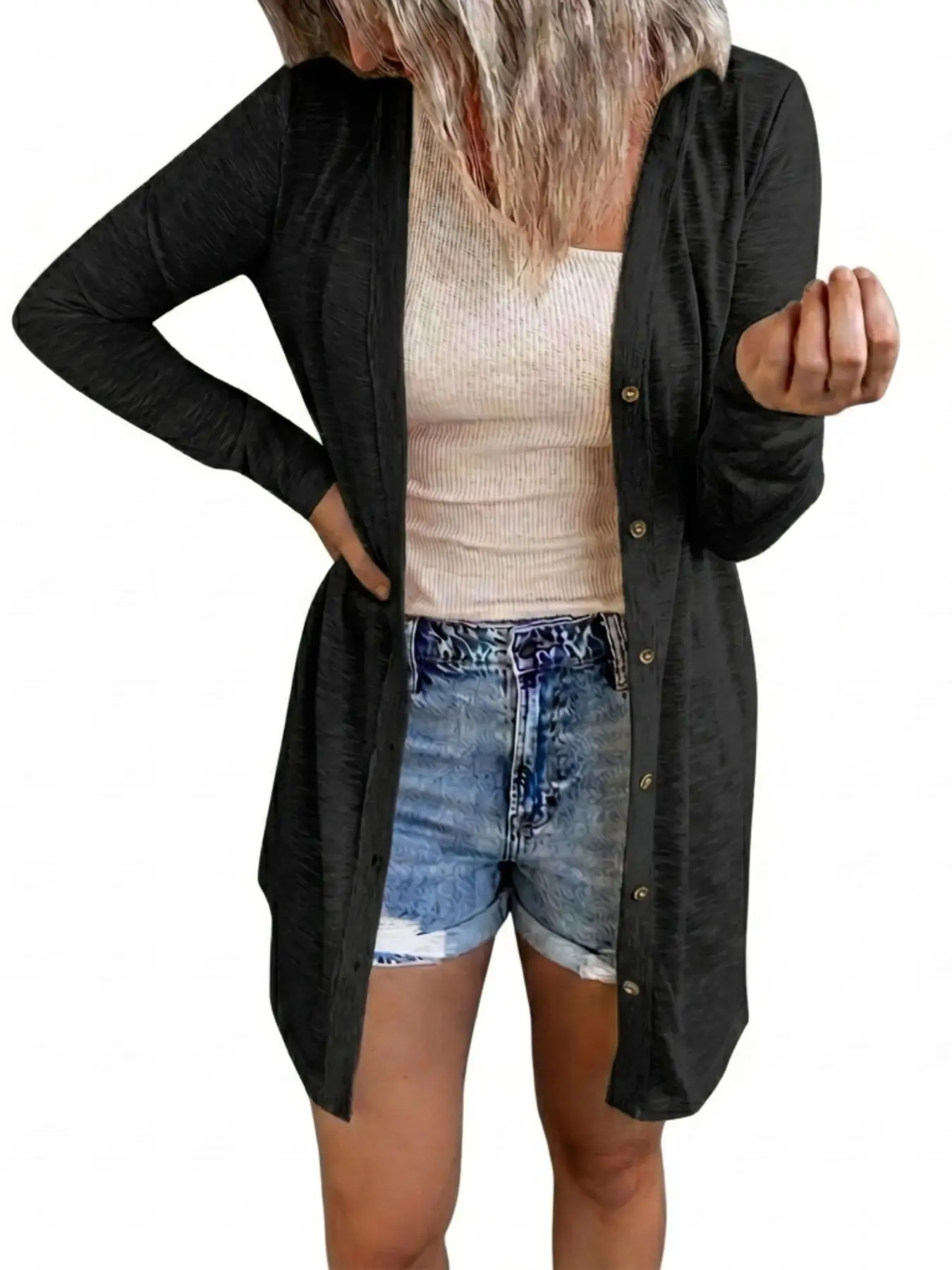 Women's Summer Physical Sun Protection Long Sleeve Button Front Solid Fabric Cardigan Longline, Loose Fit Slimming Breathable Outdoor Beach Essential UV Cover-Up Fashion Basic Casual