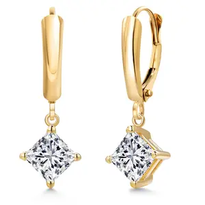 Gem Stone King 14K Yellow Gold Lab Grown Diamond Dangle Earrings for Women | 1.44 Cttw | Gemstone April Birthstone | Princess 5MM