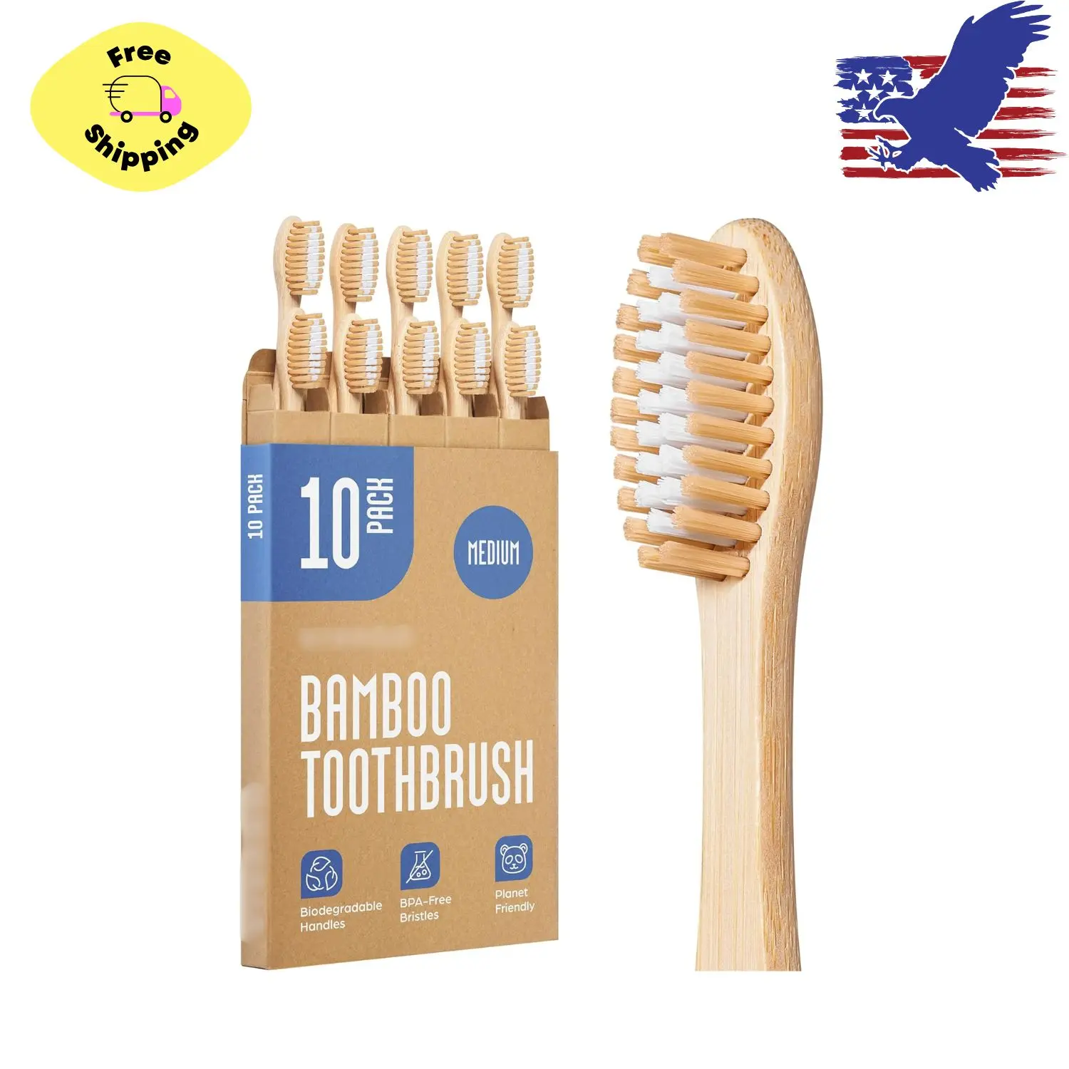 Bamboo Toothbrushes Medium Bristles 10 Pack