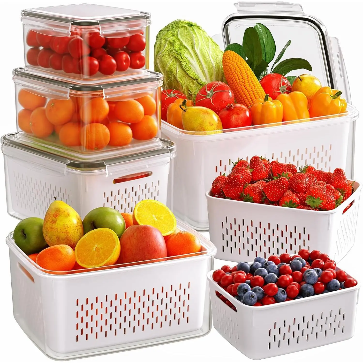 6-Pack Kitchen Fruit Storage Containers with Removable Colanders - 4-in-1 Leakproof Fridge Organizer Containers with Lids for Produce, Salad, Meat, Leakproof Design