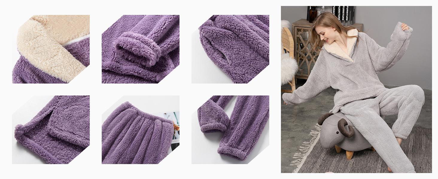 Fabric detail of Women's Fleece Long-Sleeve 2-Piece Pajama Set in sherpa texture