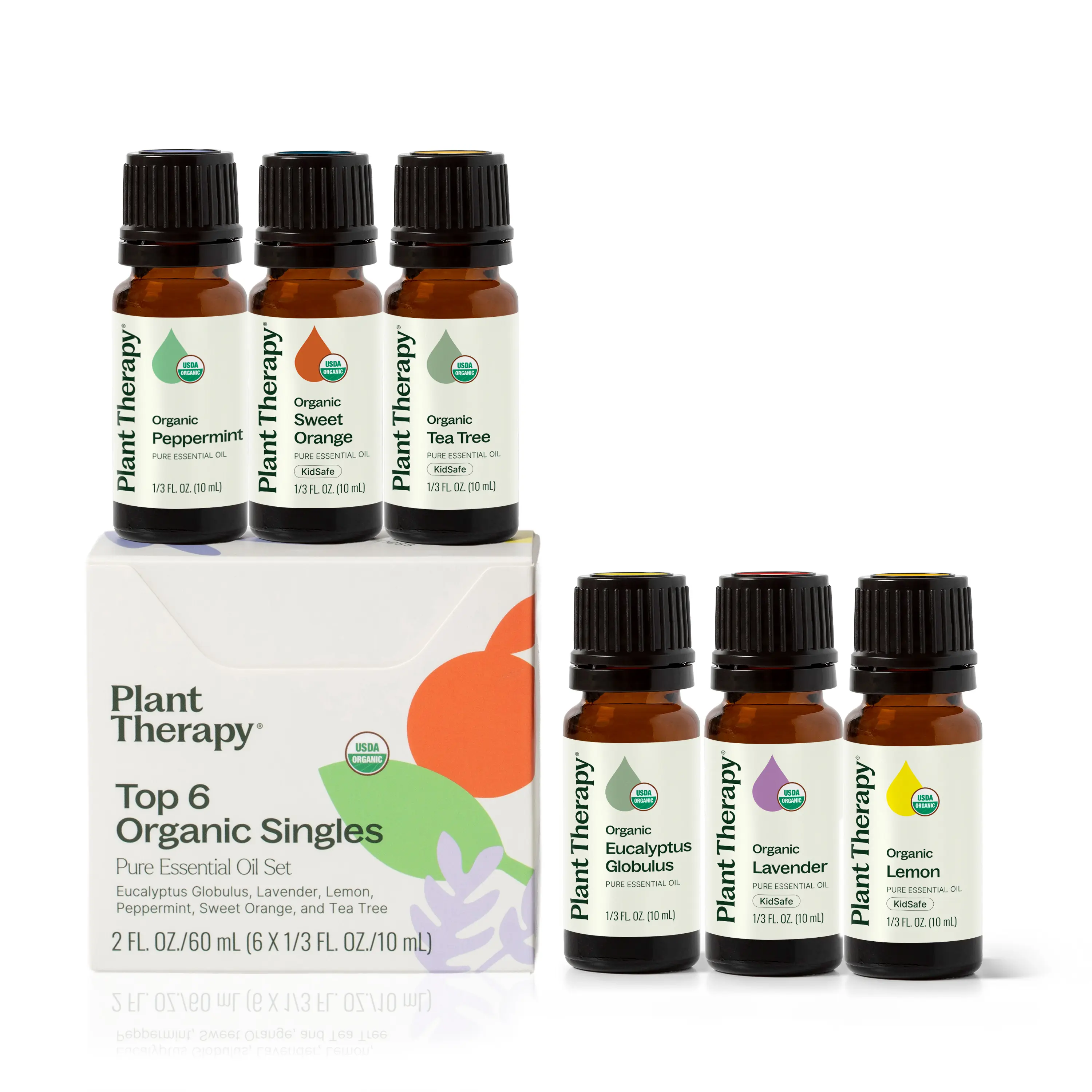 Top 6 Organic Singles Essential Oil Set-  Lavender, Peppermint, Eucalyptus, Lemon, Tea Tree, Natural Aromatherapy, for Diffusion & Topical Use, Therapeutic Grade 10 mL