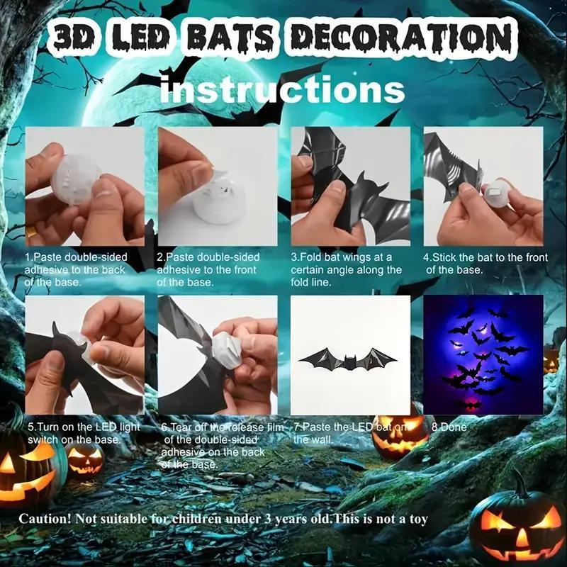 BougeRV 3D Bat Light Design LED Decorations 12pcs/24pcs Set Spooky Ornaments for Home Party Festival Halloween Easy Install Wall Stickers Smooth Application - Decorative(Non-remote)