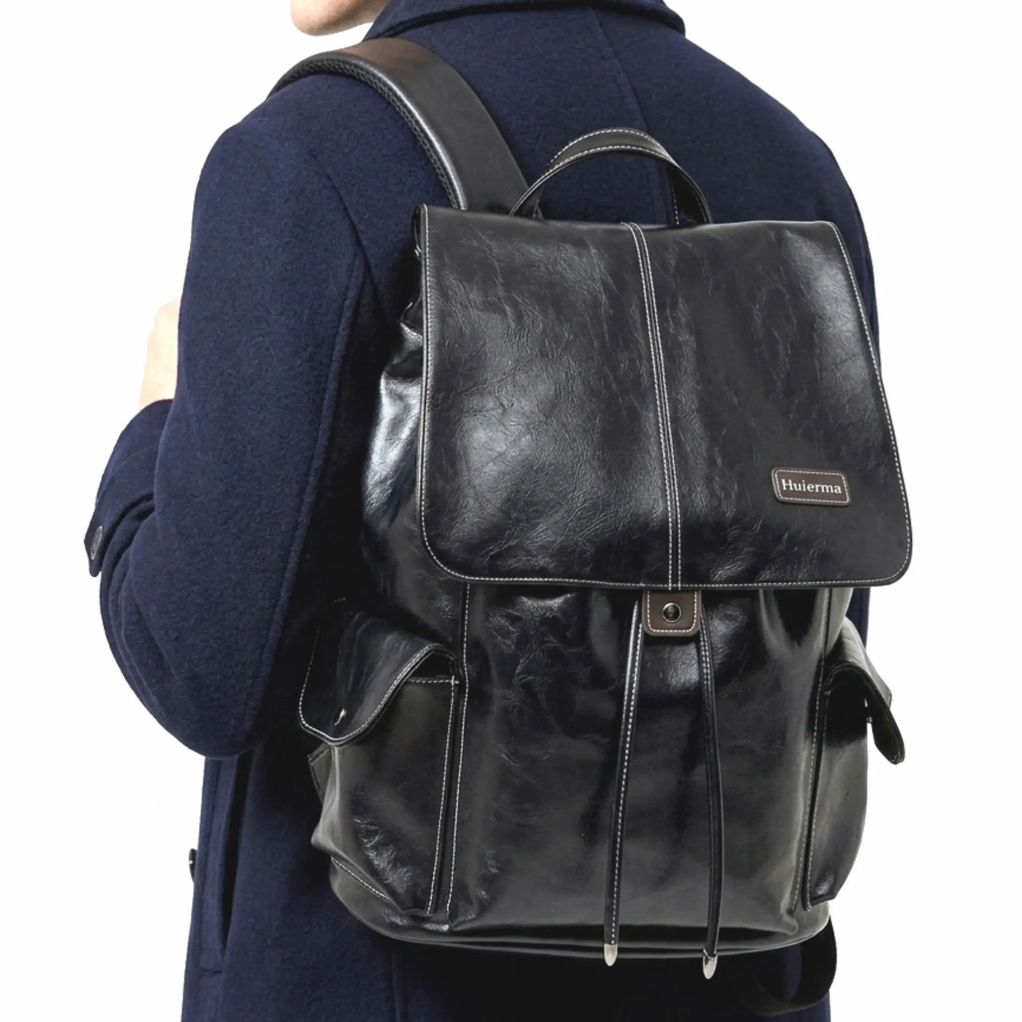 British Retro Vintage Waxed Leather Flip-Top Backpack with Button Lock - Large-Capacity Unisex Business Backpacks for Work, Daily Commute