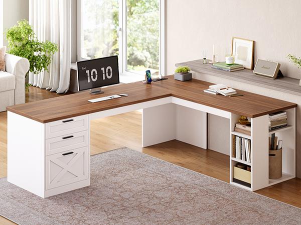 SEDETA 67 Inch Farmhouse L Shaped Executive Computer Desk with 3 Drawers Storage Shelves Power Outlets