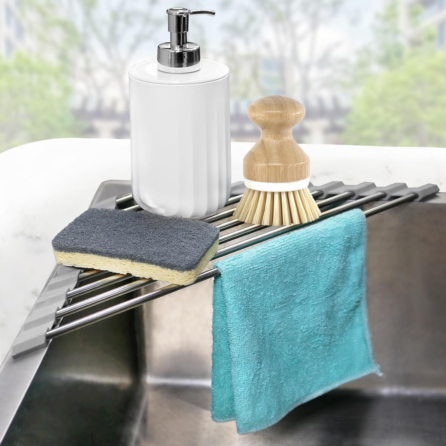 Corner Sink Caddy Triangle Dish Drying Rack for Sink Corner, Sponge Holder Roll Up Dish Drying Rack Over The Sink, Stainless Steel Kitchen Sink Organizer Drainer Mat