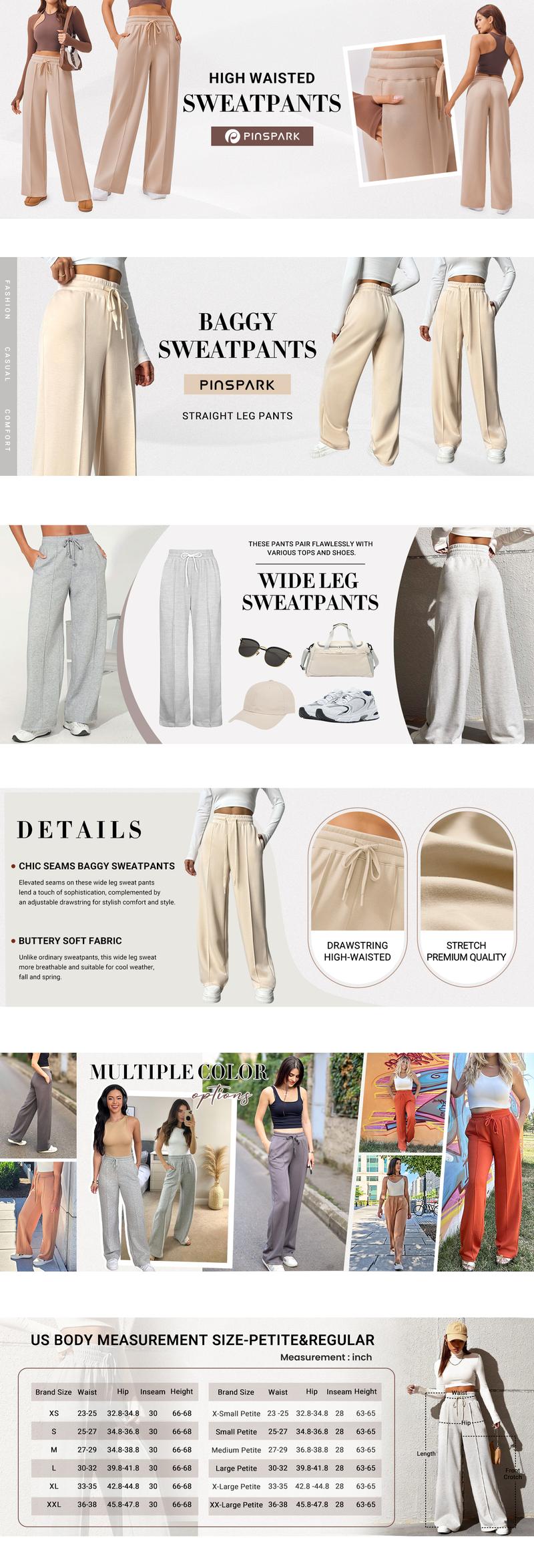 PINSPARK Wide Leg Sweatpants Women High Waisted Baggy Sweat Pants Elastic Elevated Seams Loose Active Pants with Pockets Breathable Casual SweatPants Springtok