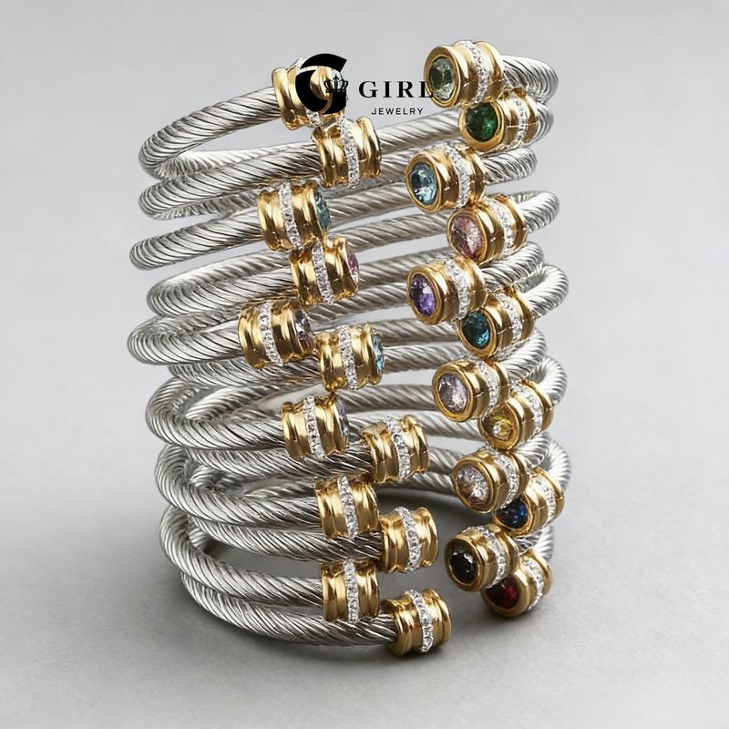 GGIRL Birthstone Stainless Steel Twisted Cable Cuff Bracelet For Men Womens, Multi-Color Cubic Zirconia 60mm Diameter  Fashion Jewelry Gift for Holiday Haul Christmas Birthdays Anniversaries