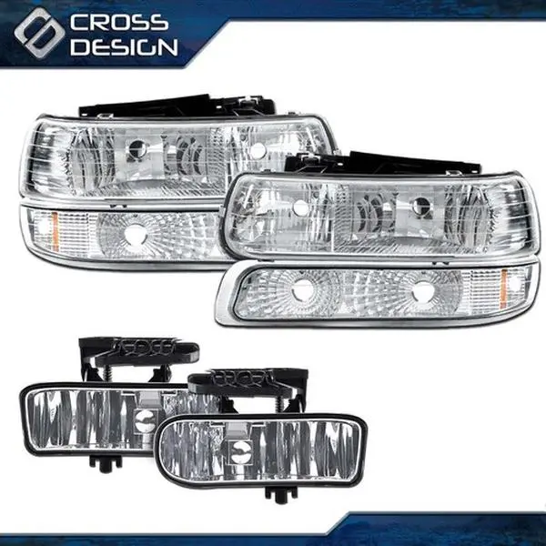 CROSSDESIGN Left & Right Complete Bolt-On Car Lighting Kit - Aftermarket Headlights Assemblies & Components, Fog/Bumper Lamps, Easy Install, OE Fitment, Vehicle Specific Fit, Car Exterior Upgrade for 00-06 GMC Yukon/XL, 99-02 GMC Sierra 1500 (Show Use)