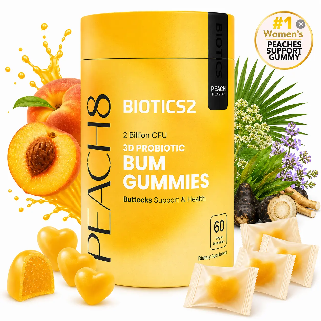 BIOTICS2 Peach8 Peach Support Gummies for Women, Black Maca + 8 Vitamins, Probiotic & Prebiotic, Fitness Support for Active Women, Sugar-Free Vegan Peach Flavor, 60 Count,Women's Daily Wellness Gummies